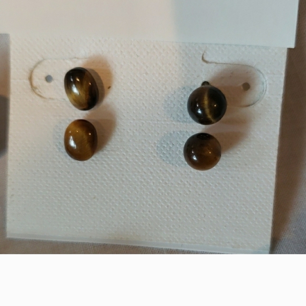 2 Pairs- Tiger's Eye Brown Stud Earrings- Round & Oval - Picture 2 of 4